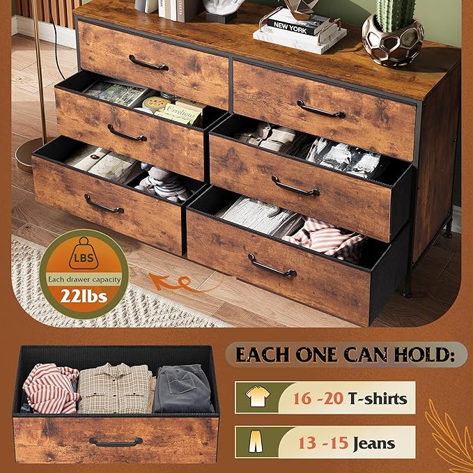 WLIVE Large Dresser for Bedroom with 6 Fabric Drawers Wide TV Stand for 50 55 60 inch TV Long Chest of Drawers with Deep Drawer for Closet Bedroom Living Room Hallway Rustic Brown