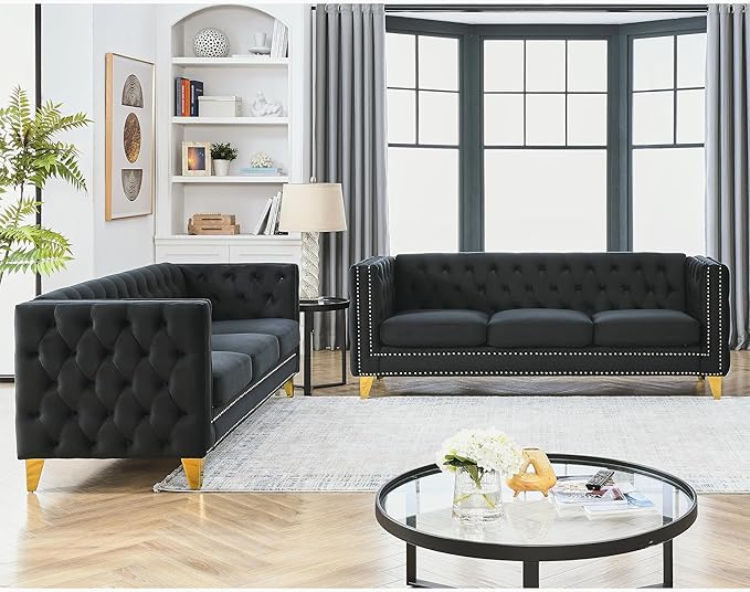 KEIKI Tufted Velvet 3+3 Seat Sofa Couch for Living Room Buttons Tufted Square Arm Couch for Home Apartment Black