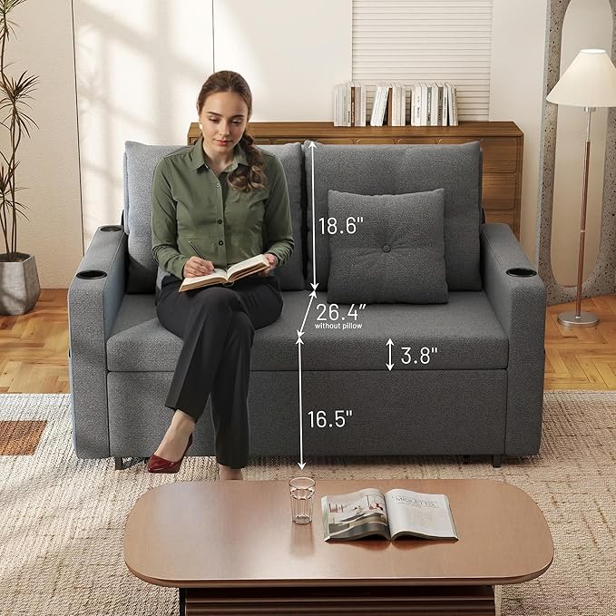 3 in 1 Sofa Bed 56 Inch Convertible Pull Out Couch Loveseat Sleeper Sofa with Cup Holders USB Sofa Couches for Living Room Bedroom Apartment Light Grey