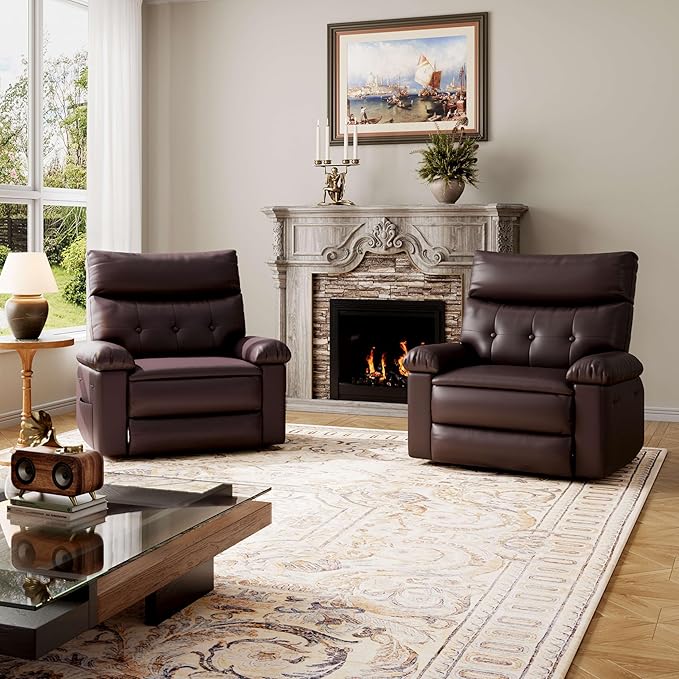 GarveeHome Oversized Recliner Chairs Classic Manual Leather Recliner Home Theater Seating with Lumbar &amp Arms Support for Living Room Bedroom and Nursery - Brown
