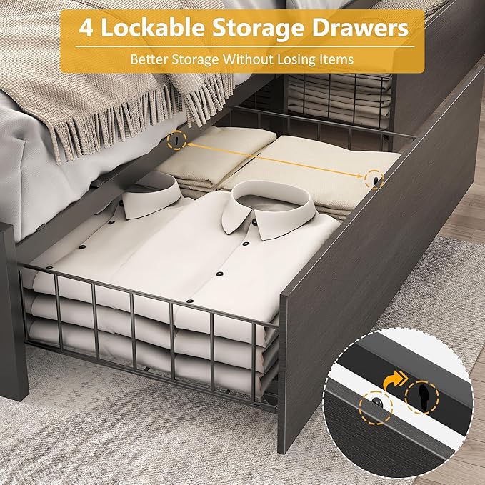 Lifezone Queen Bed Frame with 2-Tier Storage Headboard Metal Platform Bed Frame with 4 Storage Drawers Built in Charging Station &amp LED Noise-Free/Metal Support/No Box Spring Needed Rustic Grey