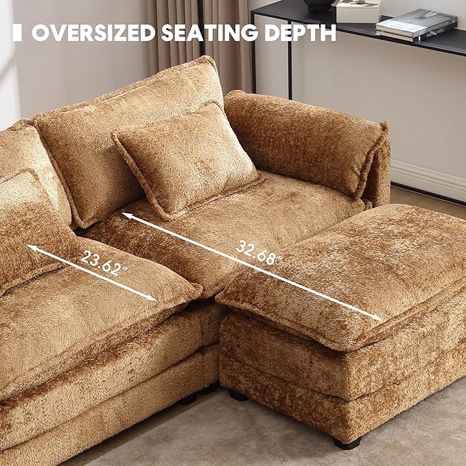 L Shaped Sectional Sofa Cloud Couch for Living Room 112 Chenille Comfy Boucle Modular Sleeper Sofa Modern Upholstery Sofas with Ottoman &amp Memory Foam Brown