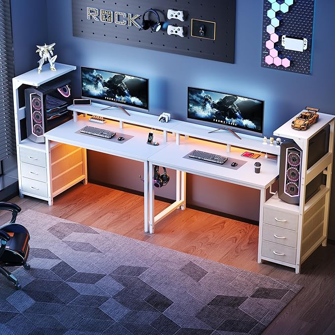 DUMOS L Shaped Gaming Desk with Shelves Storage Drawers 52'' White Computer Desks with LED Lights Power Outlets Office Wood Table with PC Stand Cable Management for Bedroom Dual Monitor Streaming