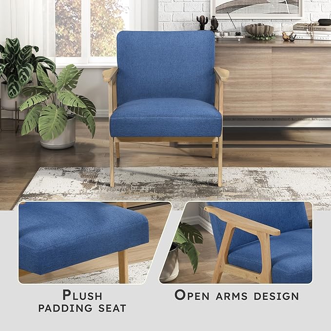 Lexicon Mid Century Modern Accent Chair Upholstered Lounge Armchair Single Sofa Seat Natural Finish Solid Wood Framed Comfy Side Chairs for Living Room/Bedroom/Office/Waiting Area Blue
