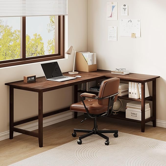 IOTXY Reversible L-Shaped Office Desk - 63 Extra Large Corner Computer Table with Storage Shelves Solid Wood Legs Home Writing &amp Study Workstation Walnut