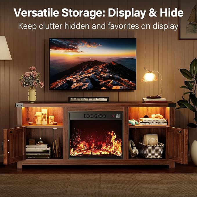 YESHOMY LED Fireplace TV Stand with Mood Lighting TV Cabinet with Open Shelf Farmhouse Media Console with Hidden Cable Routing Entertainment Center for Televisions up to 65+ Inch Walnut