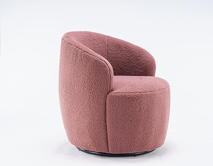 360 Degree Swivel Chair Teddy Fabric Modern Bucket Chair with Black Powder Coated Metal Ring for Living Room Bedroom (Red)