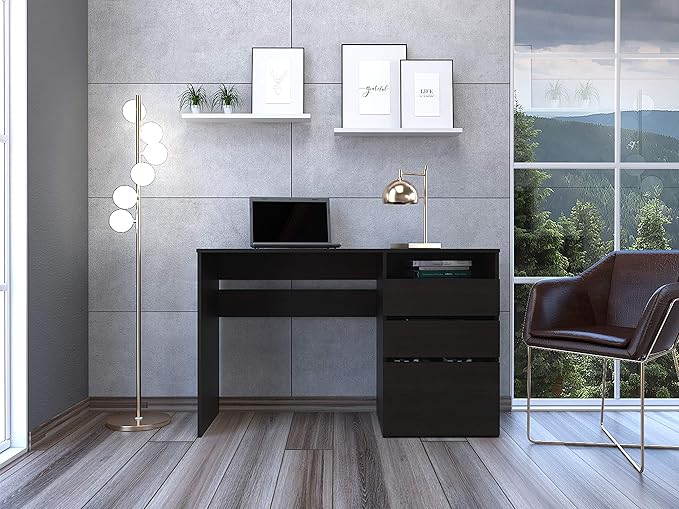Compact 47.4 Black Computer Desk with 3 Drawers &amp Shelf - Modern Home Office Furniture