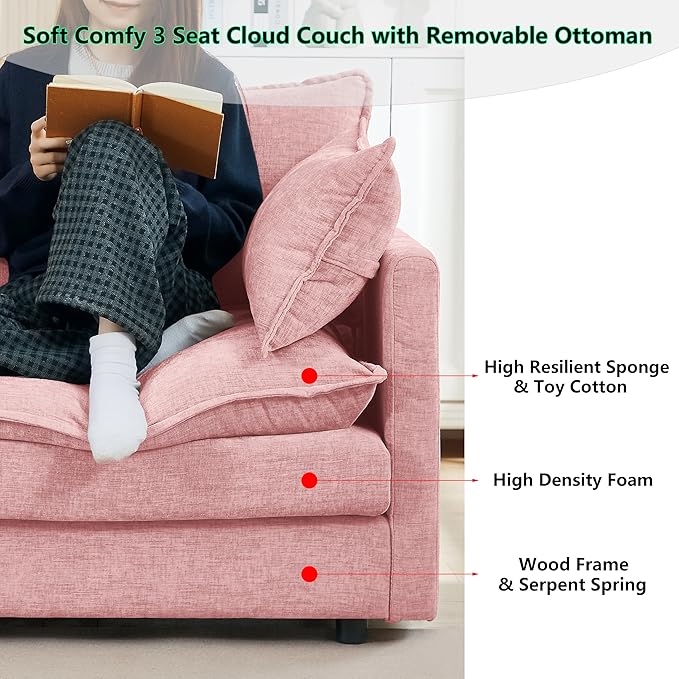 102 L-Shaped Sofa for Living RoomModular Sectional Cloud Sofa Couch with OttomanModern Chenille 3 Seater Sofas with Deep SeatSmall L Shaped Couches for Bedroom (Pink 102)