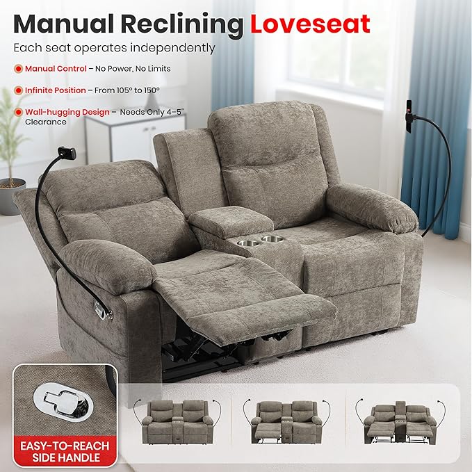 Chenille Fabric Manual Recliner Loveseat Sofa with Hidden Drawer Flip Console USB/Type-C Ports Phone Holder &amp Cup Holders Space-Saving Wall Hugger Couch for Small Spaces Apartments RVs Brow