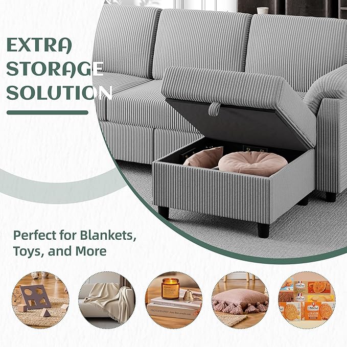 Vongrasig 79 Convertible Sectional Couch Sofa with Storage Ottoman 3 Seat L Shaped Couch with Side Storage Pockage Small Couches for Living Room Apartment and Small Space (Light Grey)