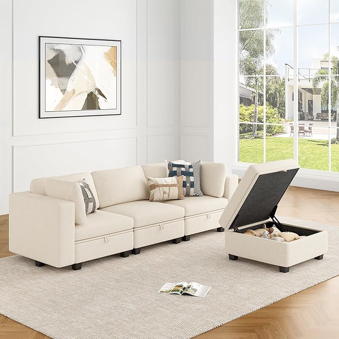 Modular Sectional Sofa Oversized L Shaped Sectional Couch with Storage Ottoman Modular Couch with Large Deep Seat Comfy Convertible Sectional Couches for Living Room and Apartment Beige