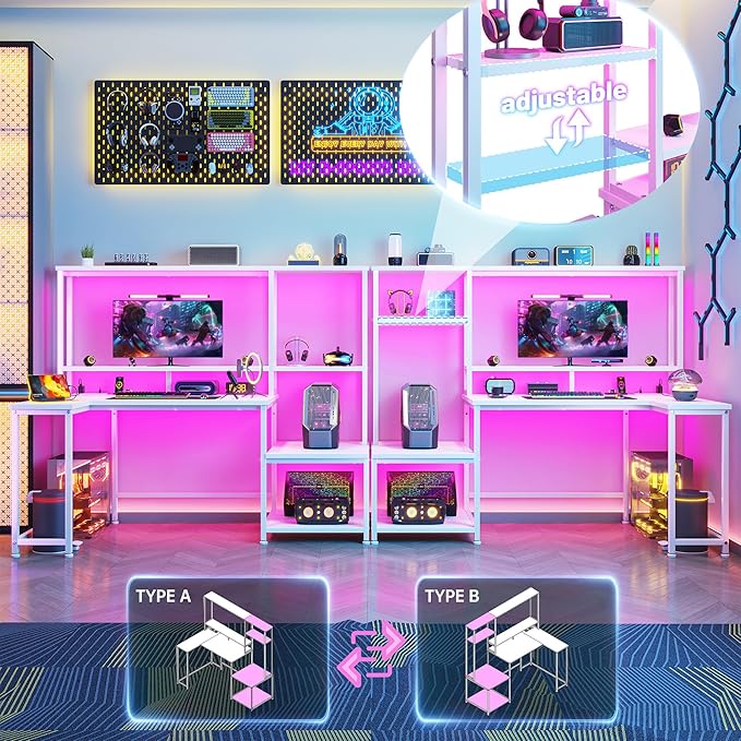 L Shaped Gaming Desk with LED Lights &amp Outlets55 Computer Desk with Shelves &amp Storage HutchReversible Corner Gaming Table with Printer Space &amp Monitor Stand for Game RoomHome OfficeWh