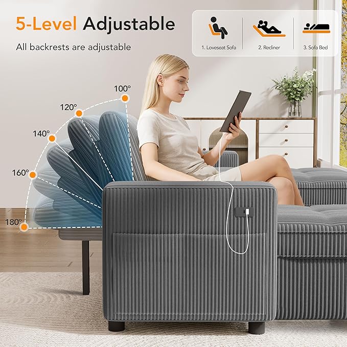 WEUP 105 Sectional Sofa with Pull Out Bed U Shaped 4 Seat Sleeper Sofa with 2 Storage Adjustable Backrest USB Ports Tool-Free Assembly Plush Corduroy Sectional Couches for Living Room Dark Grey