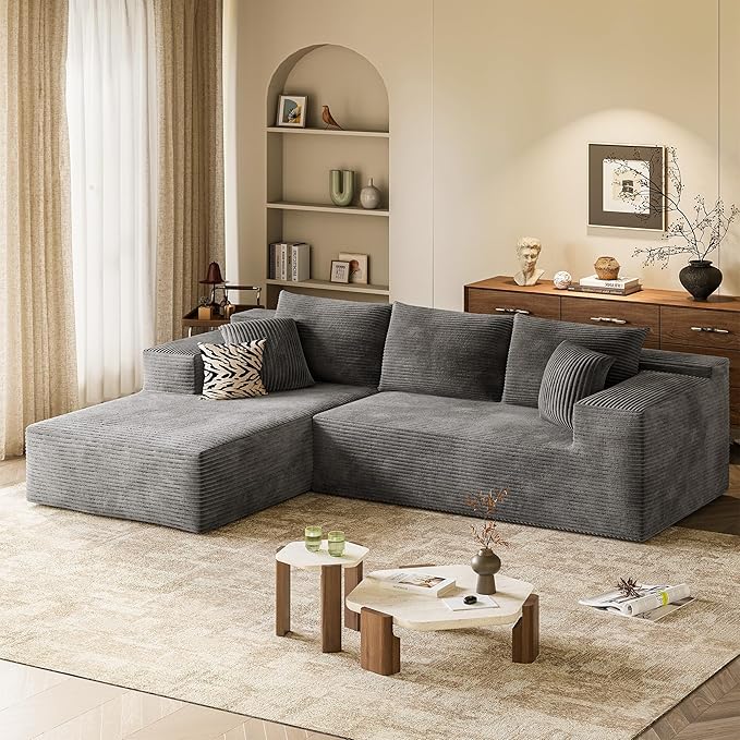VICTONE 108” Cloud Sectional Couches Boneless Couch Modular L-Shaped Sofa with Deep Seat Modern Comfort Upholstered Sofas for Living Room No Assembly Required (Corduroy Grey)