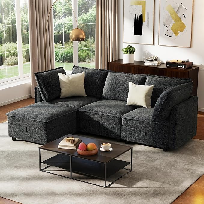 Ihanherry 97.2” Modular Sectional Sofa with Storage L Shaped Couch for Living Room 4-Seat Comfy Chenille Deep Seat Sofa with Movable Ottoman for Bedroom and Apartment Dark Gray