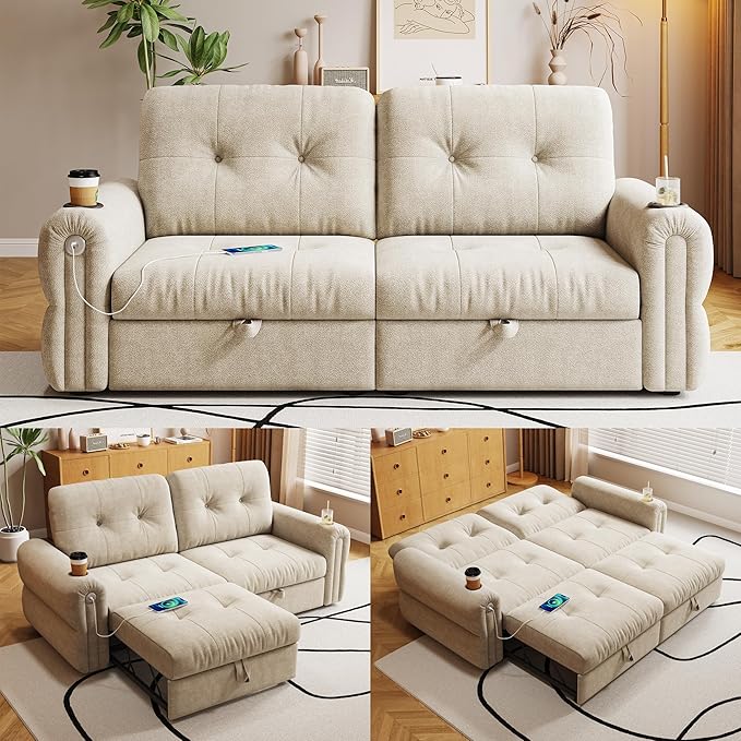 80.4 Queen Sleeper Sofa Bed 3 in 1 Convertible Pull Out Couch with USB Ports &amp Cup Holders Modern Chenille Loveseat Sofabed with Adjustable Backrest for Living Room Bedroom Apartment