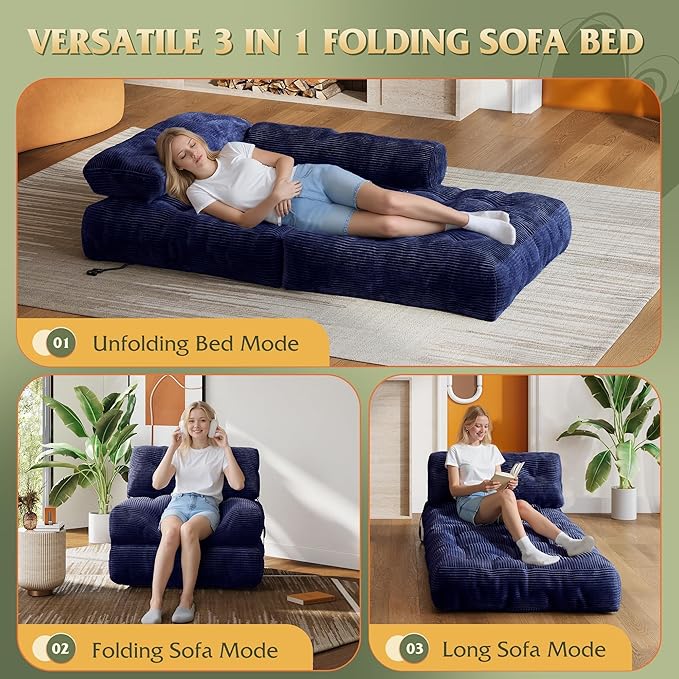 WLIVE Folding Sofa Bed for Living Room Boneless Chair Folding Chair Bed Bean Bag Chairs for Adults Pull Out Sofa Bed Dorm Bedroom Navy Blue