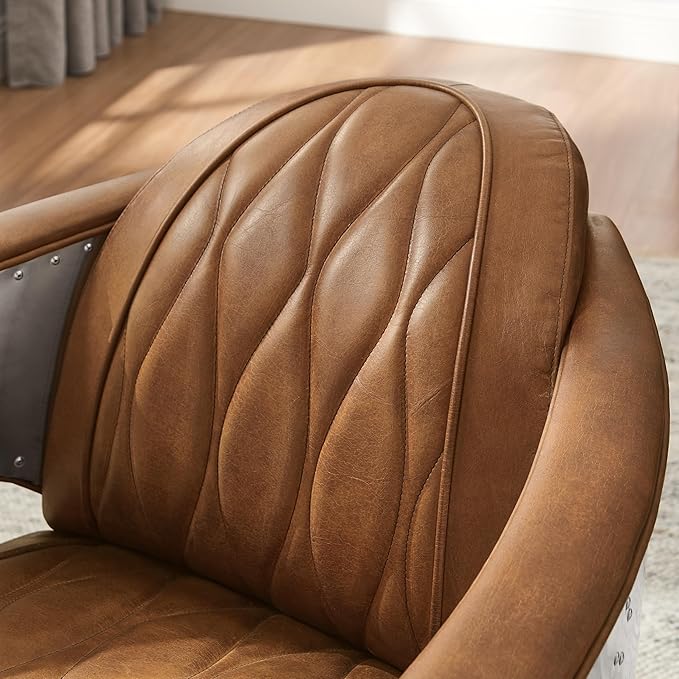 Zouron Genuine Leather Accent Chair Upholstered Aviator Chair with Aluminum Legs Vintage Leather Single Sofa Barrel Chairs Cognac