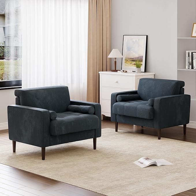 34.5 Arm Chair Set of 2 Corduroy Fabric Modern Accent Chairs Comfy Upholstered Armchair Reading Chair with Solid Wood Legs for Living Room Bedroom Office Navy Blue