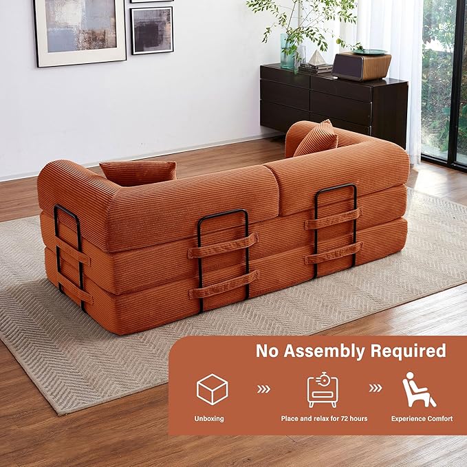 79 5-in-1 Folding Convertible Sofa Bed Oversized Corduroy Futon Floor Couch with Pull-Out Sleeper Modular Boneless Loveseat for Small Spaces Living Room Bedroom (Orange)