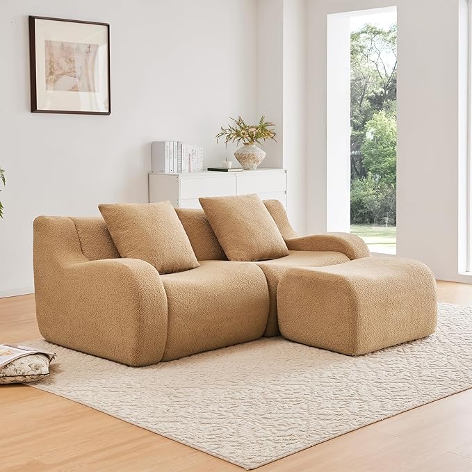 KEIKI 83 L-Shaped Teddy Modular Sectional Loveseat Sofa with 1 Ottoman &amp High-Density Foam Cushions &amp Curved Armrest &amp 2 Pillows Streamlined Design Boneless 2-Seater Couch for Living Ro