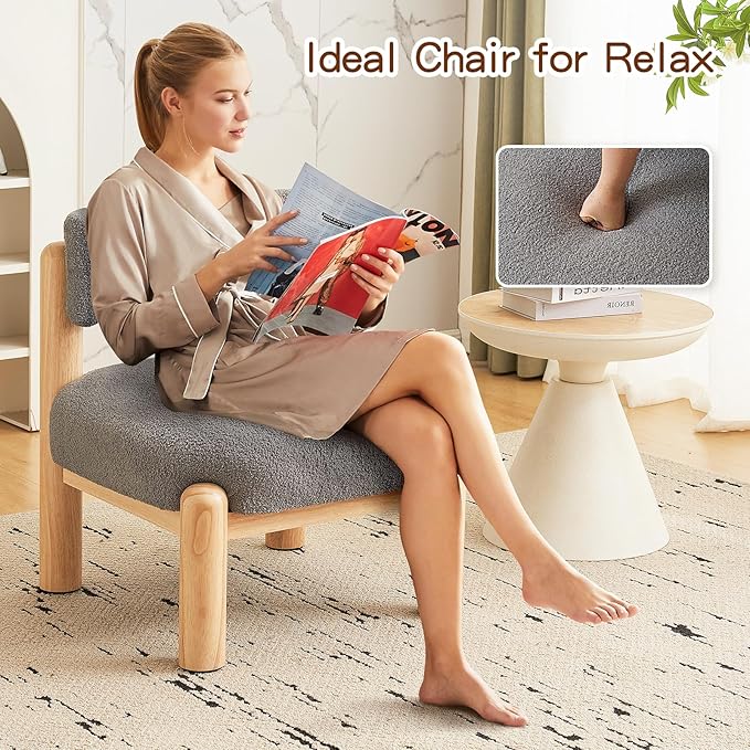 Furniliving Oversized Modern Accent Chair Boucle Fabric Upholstered Armless Chair Assembly Free Comfy Living Room Chair with Solid Wood for Home Decor Grey