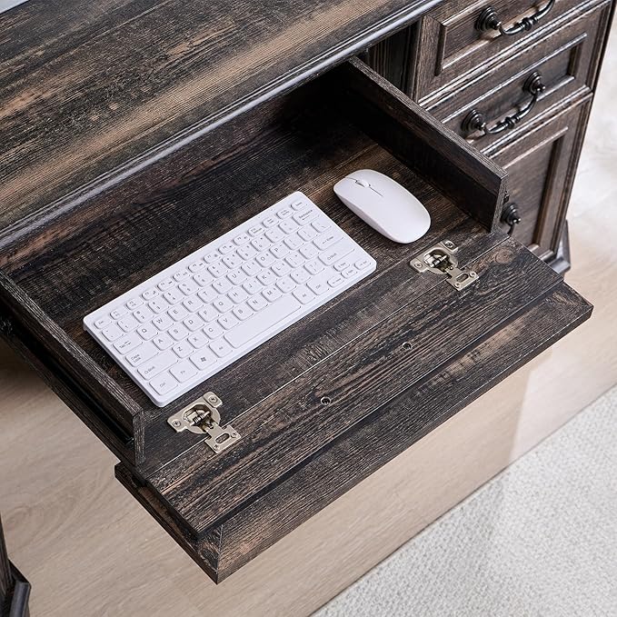 RedLemon 60 Executive Desk with DrawersWood Home Office Desk Featuring Keyboard TrayCharging StationFile Drawer Storage Cabinetfor Work and Study (Dark Rustic Oak)