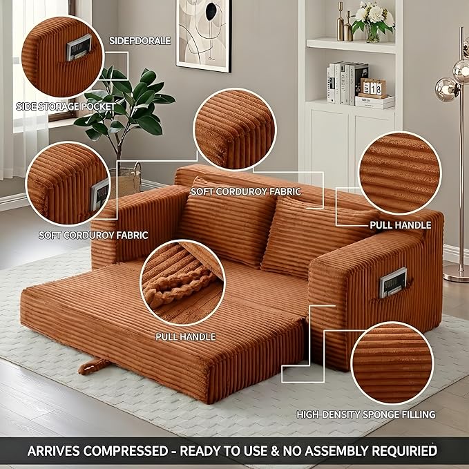 73 Convertible Sleeper Sofa Comfy Corduroy Foldable Sofa Bed with 2 Pillows Floor Sofa Lounge Couch in Box for Living Room Bedroom Lounge Studio No AssemblyOrange