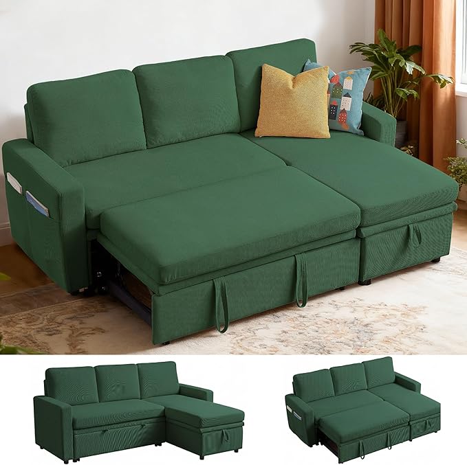 Sectional Sofa Bed Convertible Sleeper Sofa with Storage Chaise L-Shape Modern Polyester 3 in 1 Pull Out Couch Bed for Living Room Green