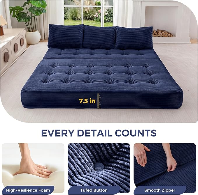 MAXYOYO Folding Sofa Couch Convertible Floor Sleeper Couch with 3 Pillows Tufted Floor Oversized Loveseat Couch Tufted Fold Out Chair Bed Comfy Sofa Lounge for Living Room Bedroom Navy