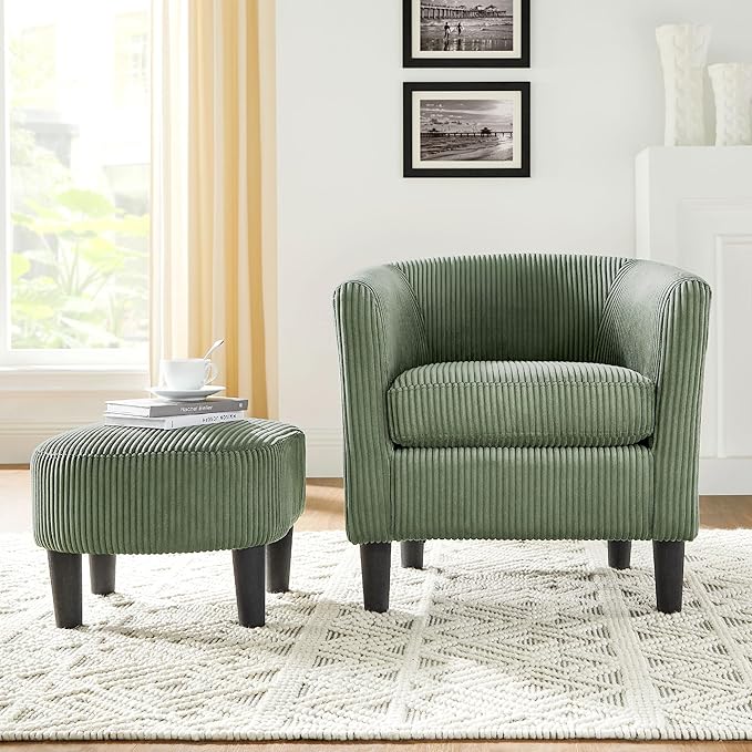 Modern Accent ChairUpholstered Arm Chair Corduroy Single Sofa Chair with Ottoman Foot Rest Comfy Armchair for Living Room Bedroom and OfficeYellow (Green)