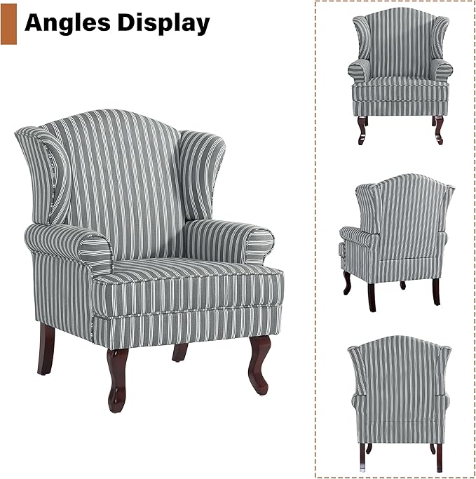 High Back Accent Chairs Set of 2 Comfy Upholstered Fabric Armchair for Living Room Mid Century Modern Club Accent Chair with Solid Wood Legs Single Sofa Reading Chair for Bedroom Gray Stripe