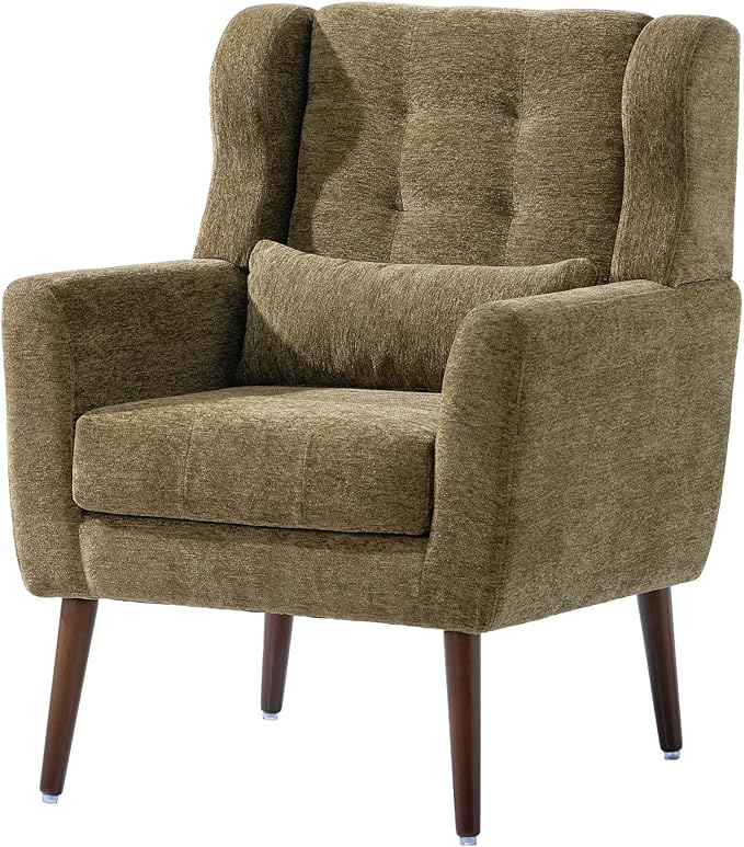 Modern Accent ChairChenille Arm Chairs for Living RoomUpholstered Mordern ArmchairComfy Soft Padded Lounge Chair in Small Space Bedroom w/Pillow Solid Wood Leg (Olive Green)