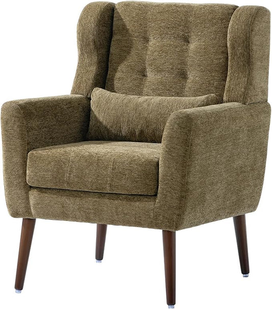 Modern Accent ChairChenille Arm Chairs for Living RoomUpholstered Mordern ArmchairComfy Soft Padded Lounge Chair in Small Space Bedroom w/Pillow Solid Wood Leg (Olive Green)