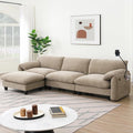 108 Modular Sectional Sofa L-Shape Upholstered Couch with Free Movement Ottoman Phone Holder and 2 Side Storage Pockets 31.5 Extra-Wide Seat Cushion Striped Chenille (Light Khaki+Beige/511)