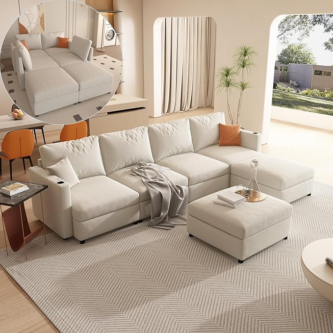 ERYE Oversized Chenille Upholstered Modular Storage Sectional Sofa Couch W/2 Movable Ottomans &amp Cupholders U-Shaped Free Combined Sofa Couch Convertible Sleeper Sofabed for Living Room Apartment