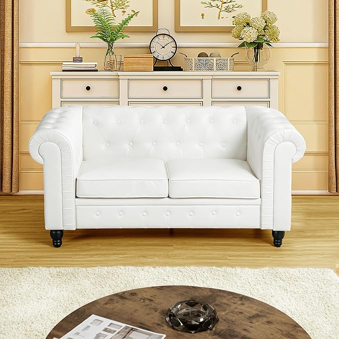 Naomi Home Emery Chesterfield Love Seat Loveseat Sofa &amp Accent Chair w/Rolled Arms Tufted Cushions Solid Wooden Legs Deep Seating Comfy Bedroom Living Room Reading Chair Tool-Free Assembly White