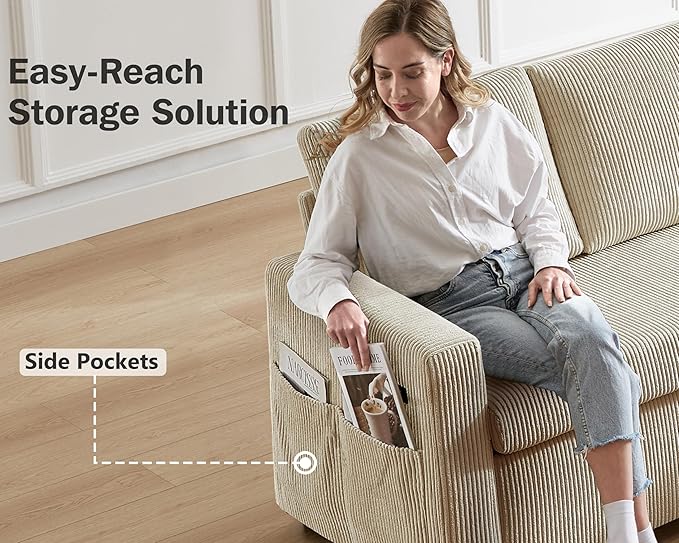 Vipbear 104 Sectional Sleeper Sofa Bed with Pull Out Bed U Shaped Couch Pull Out Couch with Reclining Backrest Reversible Storage Chaise USB Ports Tool-Free Assembly Corduroy Beige
