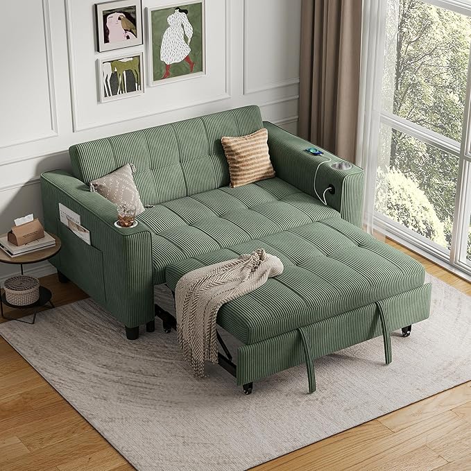 LINSY 3-in-1 Convertible Sofa Bed 54 Pull Out Sleeper Sofa with Charging Station &amp Cup Holder Small Corduroy Couch Folding Loveseat with Side Pocket for Small Space Green