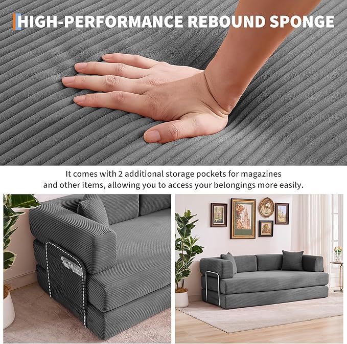 Convertible Sleeper Sofa Bed 78.8 Floor Sofa Bed 5-in-1 Folding Mattress Couch Loveseat with Fixed-Shape Frame Pillow Corduroy Fabric for Living Room Bedroom Lounge (Gray)
