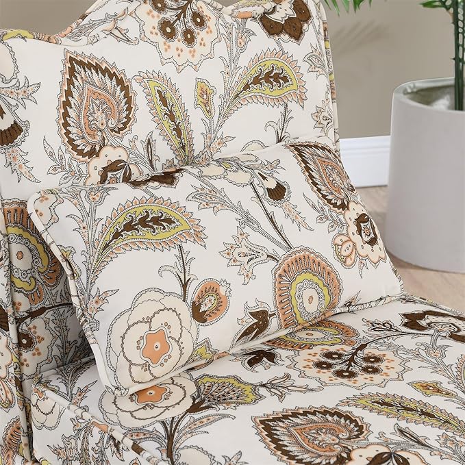 Polibi Retro Single Chair with Flower Pattern and Wave-Shape Edge Flannel Upholstered Armless Sofa Chair with Seat Cushion and Pillow for Living Room Bedroom Brown Flower
