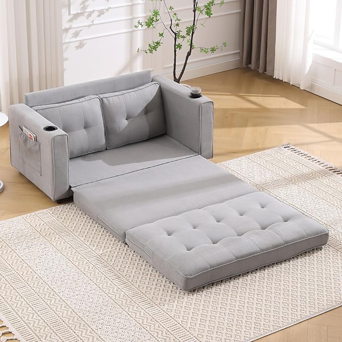 Folding Futon Loveseat Sleeper Sofa Bed with Pullout Couch Bed Comfy Convertible Floor Sofa Bed Cup Holder&amp Side Pockets for Bedroom Living Room Small Space (Light Gray + Cup Holder)