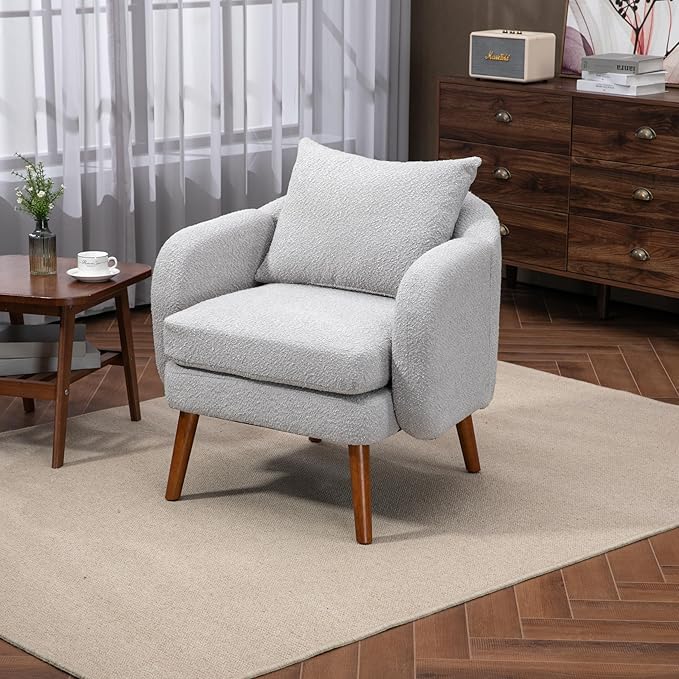 Mid Century Lounge Armchair with Boucle Fabric Solid Wood Legs and Comfortable Cushions Ideal for Bedroom and Living Room Reading and Relaxing (Gray)