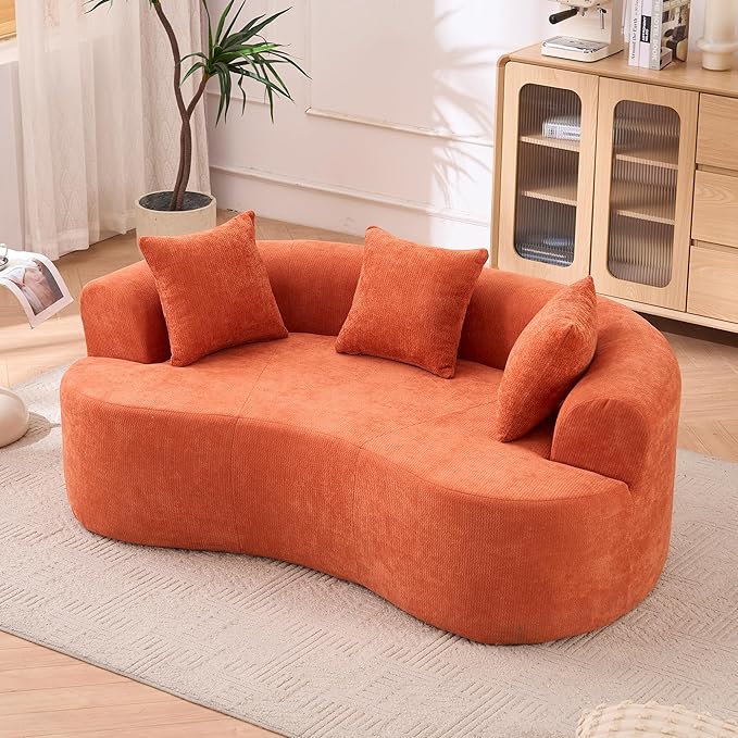 KEIKI 79 Modern Crescent Sofa for Entertainment Rooms Deep-Cushion Low-Back 3-Seater with Self-Inflating Foam No-Assembly Chenille Couch for Movie Nights &amp Gaming Comfort