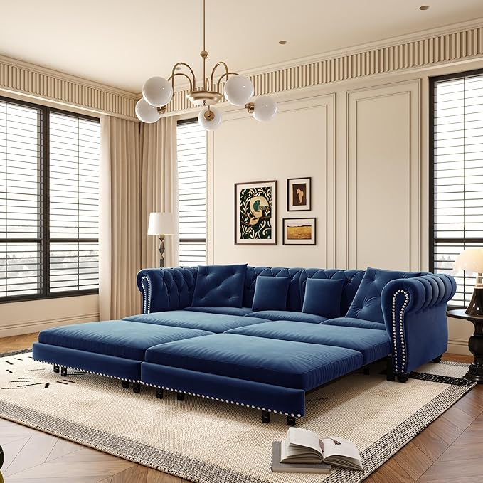 89 King Size Sleeper Sofa Bed 3-in-1 Convertible Pull Out Chesterfield Sleeper Couch with Ottoman Oversized Velvet Button Tufted L Shaped Sofa for Living Room Small Spaces Blue