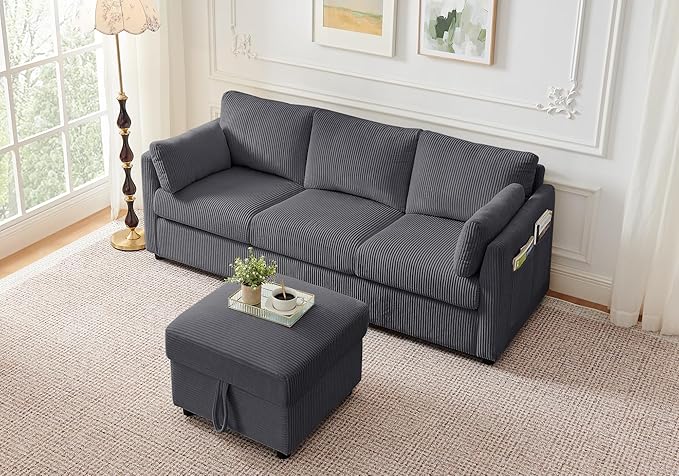 Corduroy Storage Ottoman for Living Room Sofas Couches Square Ottoman with Storage Space Foot Rest Stool for Apartment Dorm Entryway Grey