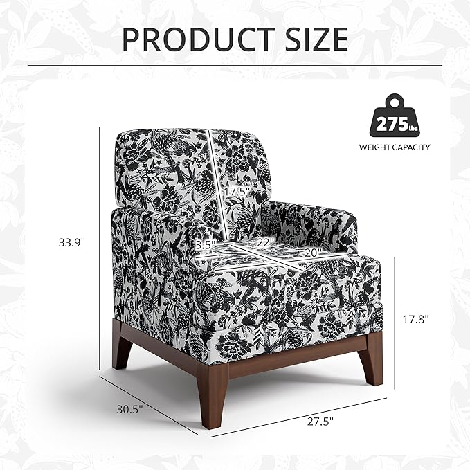 Floral Accent Chair Set of 2 Upholstered Armchair with Solid Legs Comfy Reading Single Sofa with Spring-Padded Cushion for Bedroom Black
