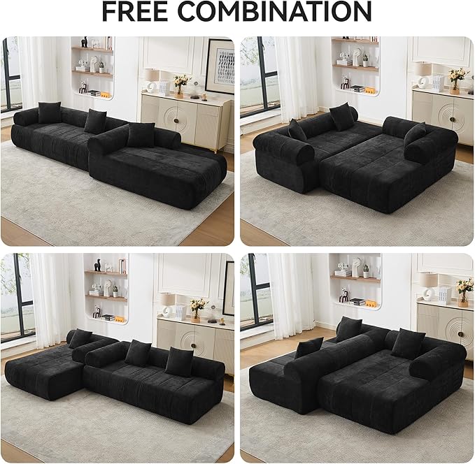 119'' Boneless Curved Sectional Couch Cloud Deep Seat L Shaped Sofa with Right Chaise LoungeModular Compression Couch for Living Room No AssemblyBlack