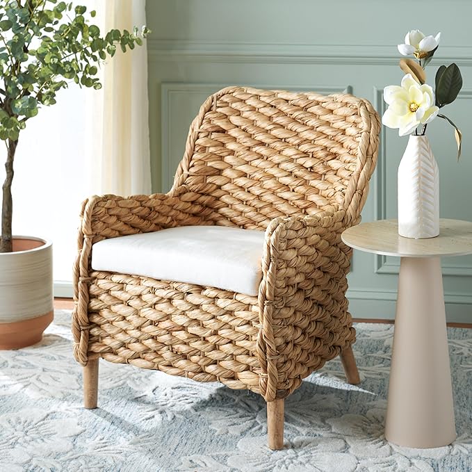 SAFAVIEH Home Collection Purrl Tropical Coastal Natural Solid Wood Hyacinth Accent Chair with Cushion (Fully Assembled)